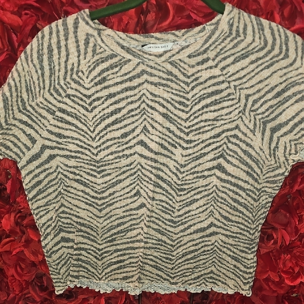 American Eagle Outfitters Zebra Print Short Sleeve Pajama Top - Gray and Cream M